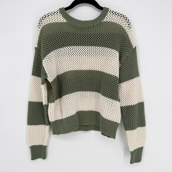 Z Supply Boardbeach Stripe Cotton Crochet Knit Pullover Sweater Palmgreen Ivory - Picture 3 of 10